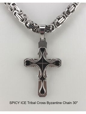 SPICY ICE Tribal Cross Byzantine Stainless Steel Chain Necklace 30"